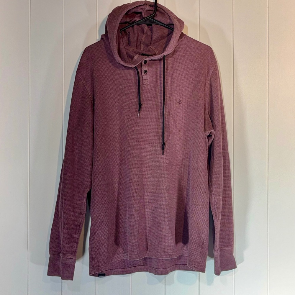 Volcom Mens Waffle Knit Henley Hoodie Purple Long Sleeve Thermal Large
